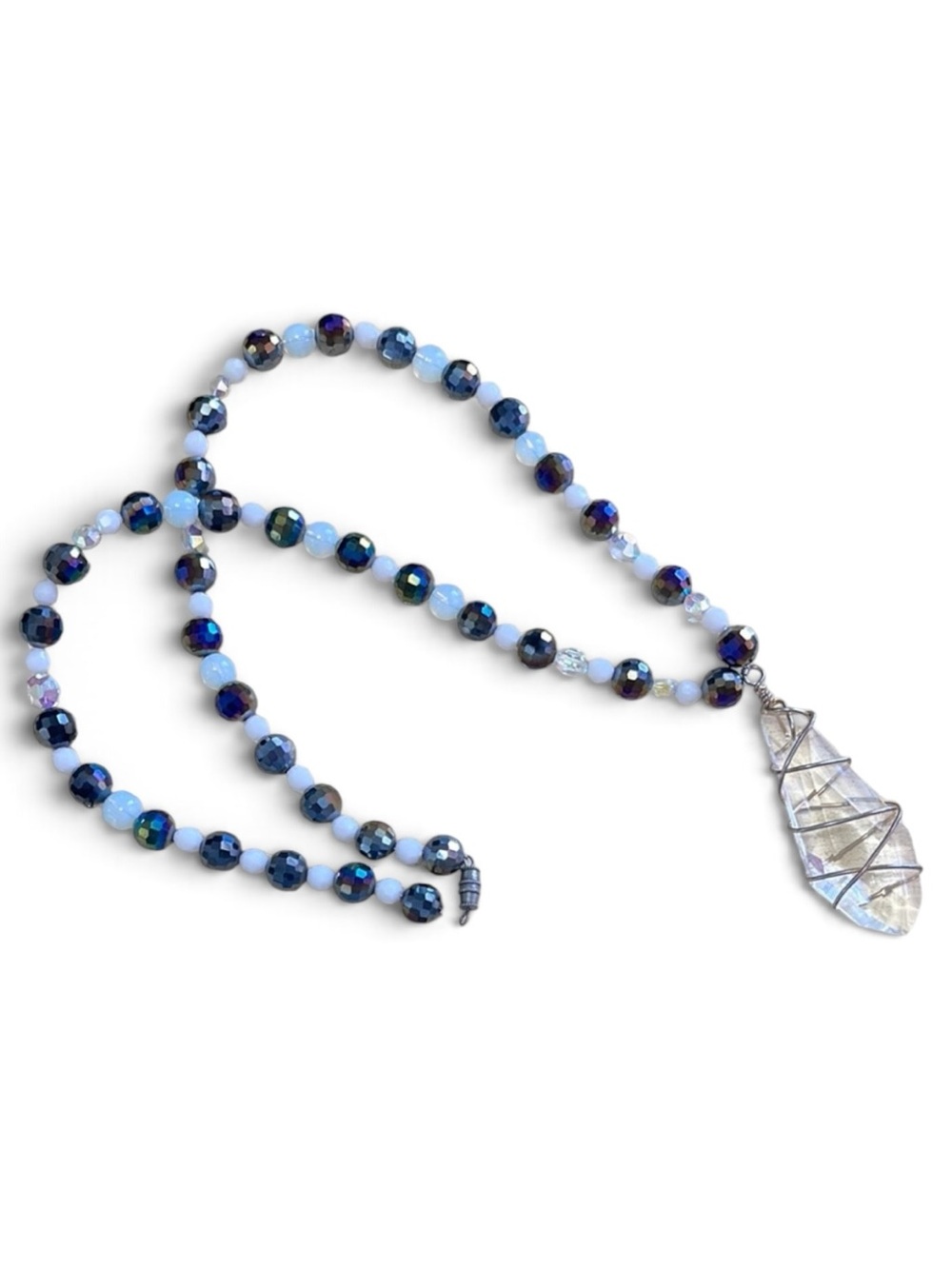 Handcrafted Oil Slick Faceted Beaded Necklace Wire Wrapped Crystal Pendant